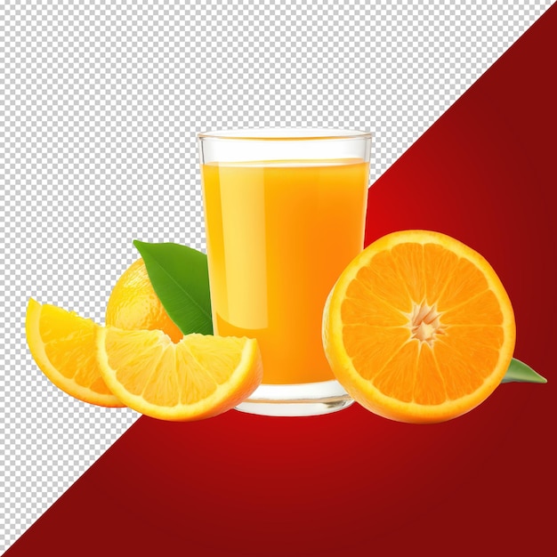 A glass of orange juice with a slice of fresh oranges on the side isolated on transparent background