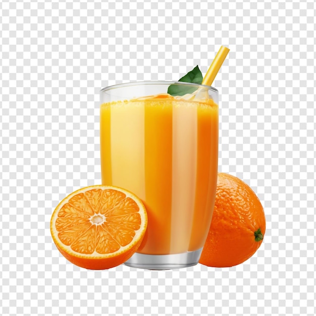 a glass of orange juice with a straw in it