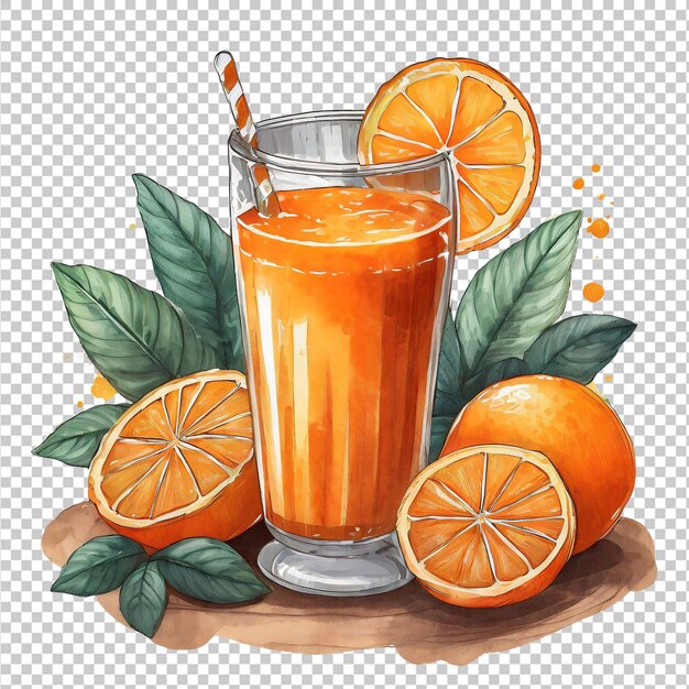 PSD glass of orange juice with straw and ripe oranges on transparent background