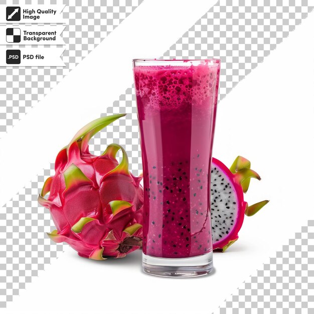 a glass of pink juice next to a red and green dragon fruit