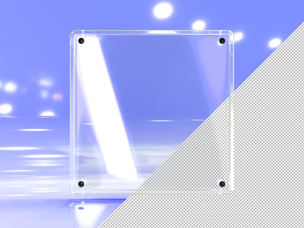 Glass plate clear square frame with light reflection on blue background Blank acrylic poster or plexiglass banner with metal mount Transparent photo frame template holder mockup 3D illustration