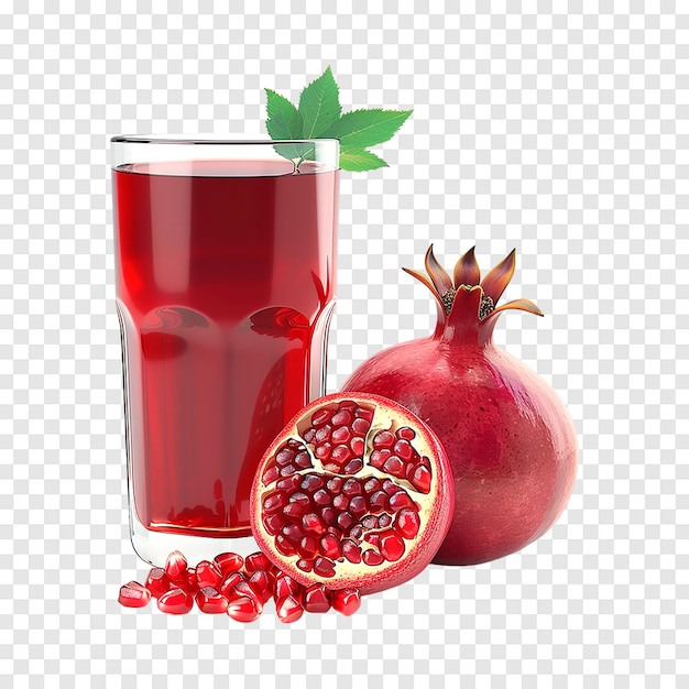 PSD glass of pomegranate juice with pomegranate fruit isolated on a transparent background