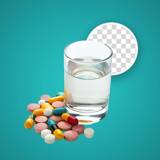 a glass of pure water with colorful pills on gray surface