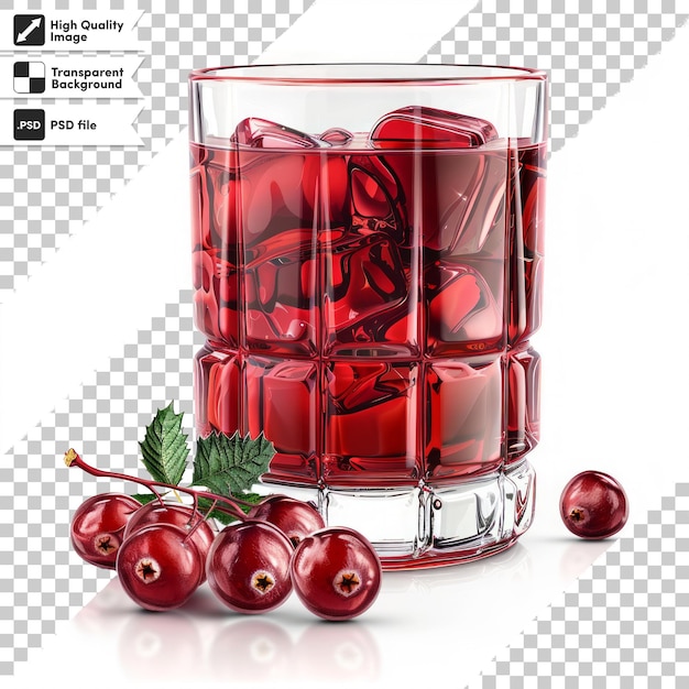 PSD a glass of red cherries with a green leaf on it