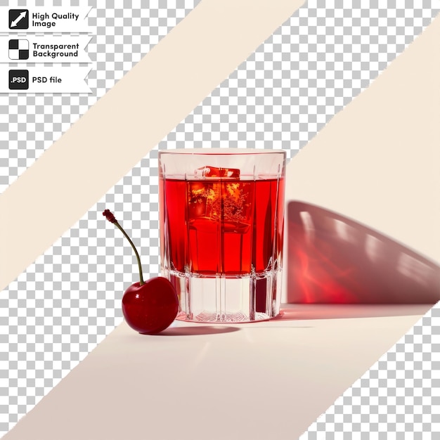 PSD a glass of red liquid next to a cherry on a table