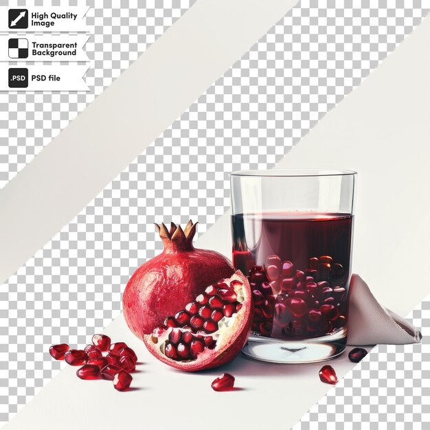 PSD a glass of red liquid next to a pomegranate