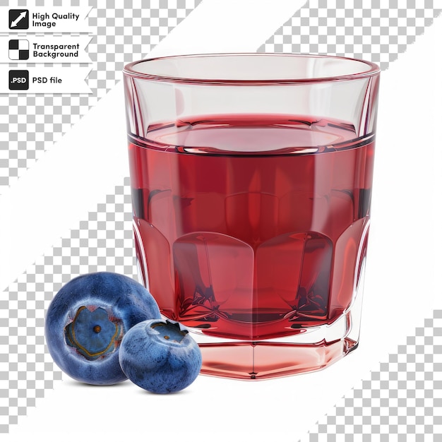 a glass of red liquid with a blueberries in it