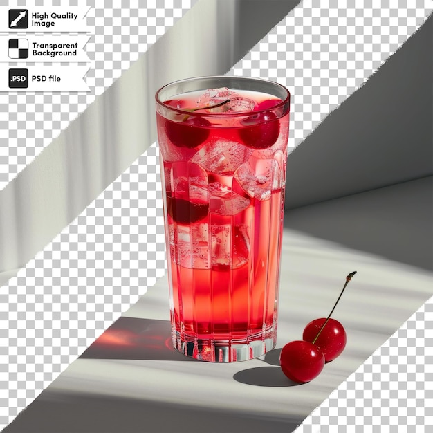 PSD a glass of red liquid with a picture of a cherry and a cherry