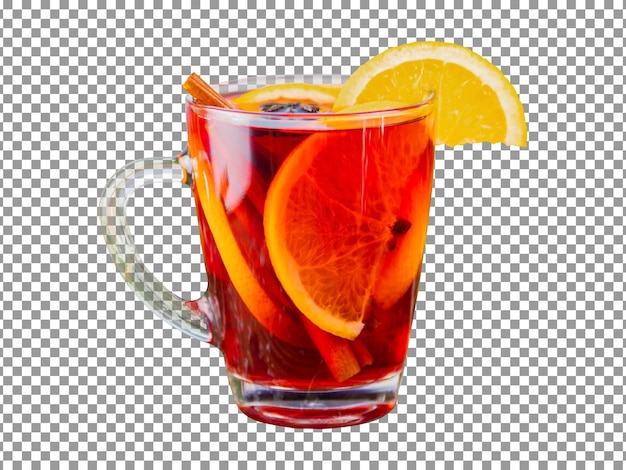 A glass of red wine with orange slices on a transparent background.