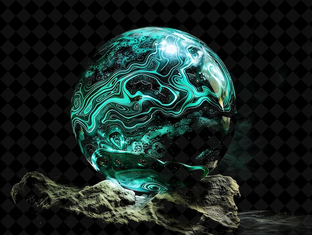 PSD a glass sphere with green and blue colors is sitting on a rock