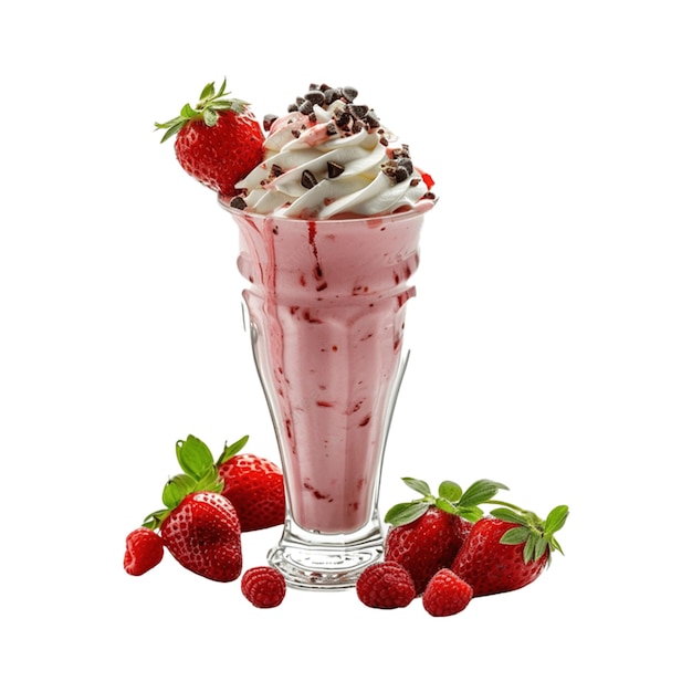 a glass of strawberry milkshake with chocolate and chocolate strawberries in it