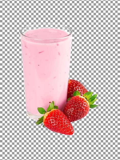 A glass of strawberry milkshake with strawberries on transparent background