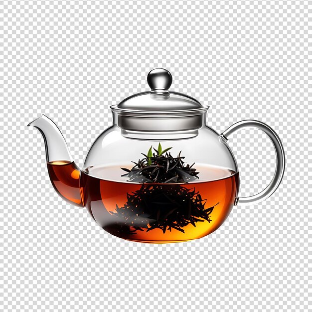 Glass teapot with black tea isolated on transparent background