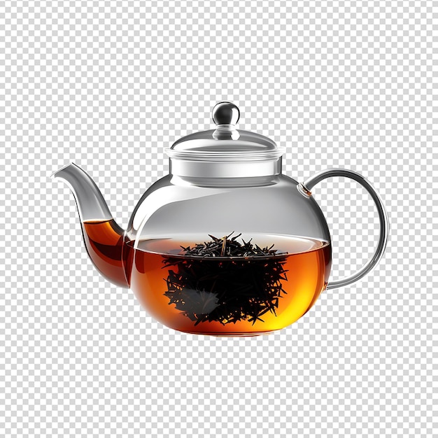 Glass teapot with black tea isolated on transparent background