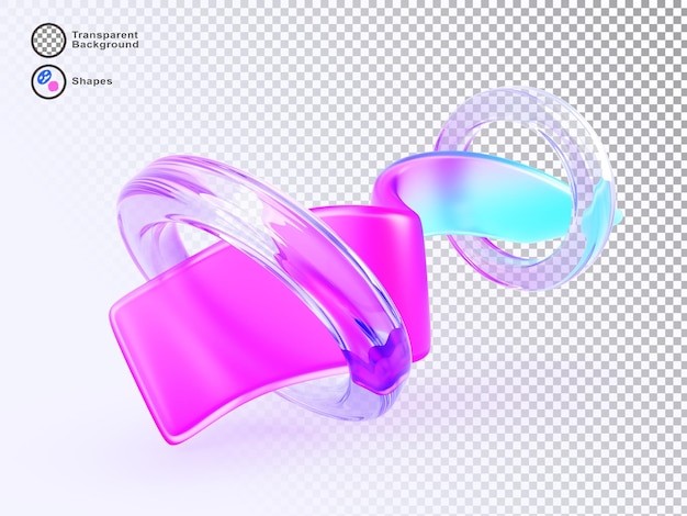 PSD glass translucent ribbon with crystal rings abstract background 3d render rainbow wave tape or liquid water flow with hologram circle geometric shapes and pink blue gradient texture