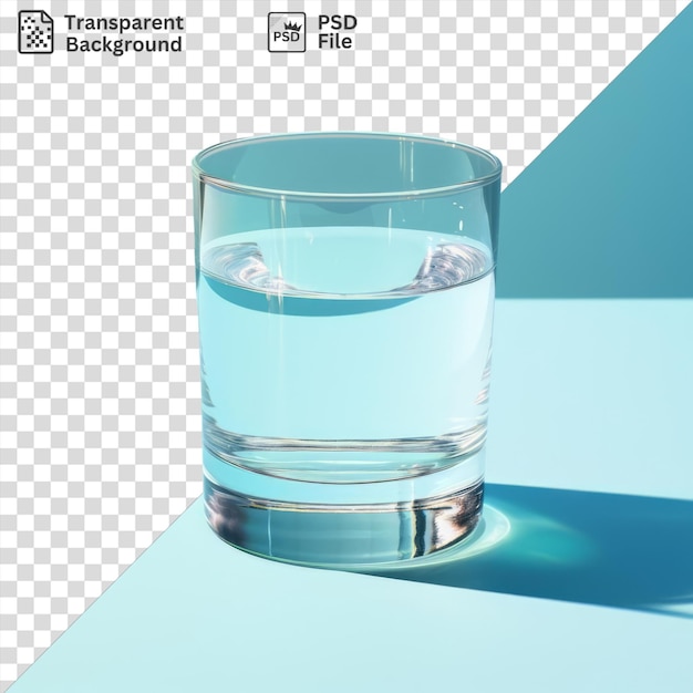 a glass of water with ice cubes on a blue table against blue wall with blue shadow in the foreground