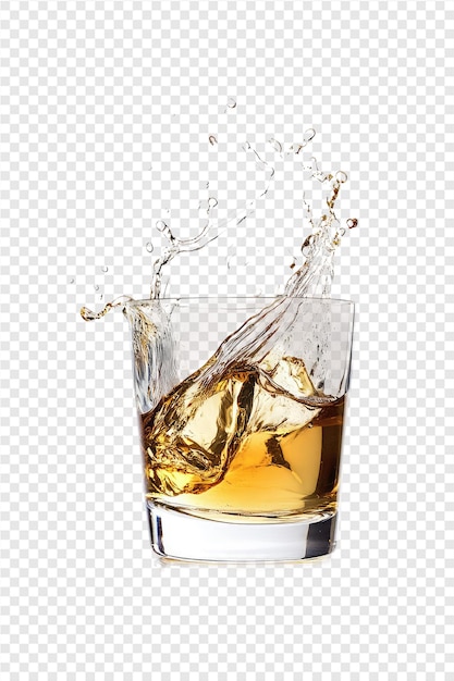 a glass of whiskey with ice and splashing into it