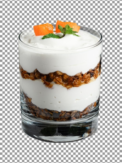 Glass of yogurt with a slice of carrot and parfait on transparent background