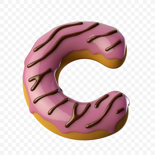 Glazed pink donut with chocolate letter c 3D illustration