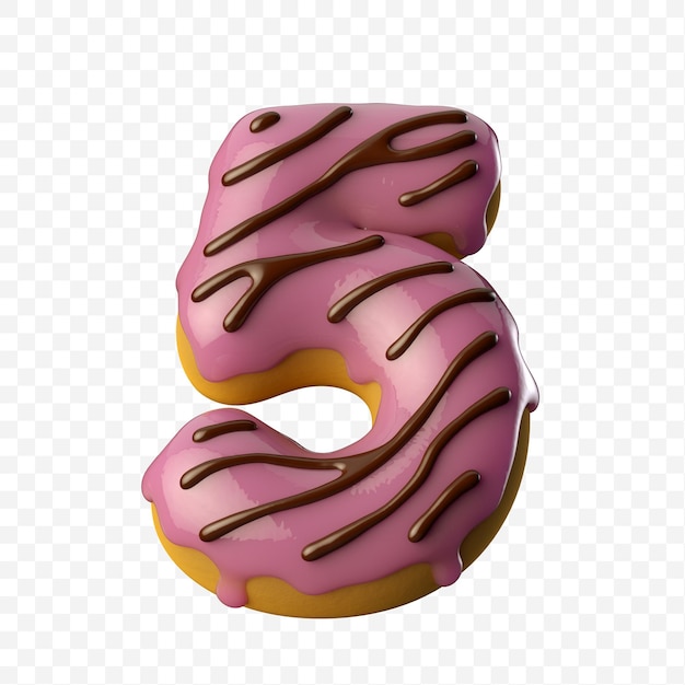 Glazed pink donut with chocolate number 5 3D illustration