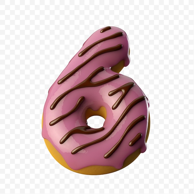 Glazed pink donut with chocolate number 6 3D illustration