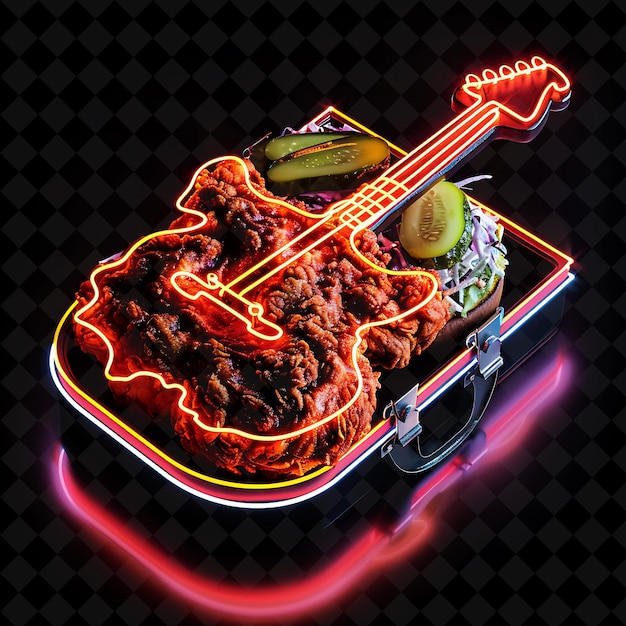 Gleaming Neon Lightning Nashville Hot Chicken Sandwich in a PNG Neon Food Decor Y2K Collection