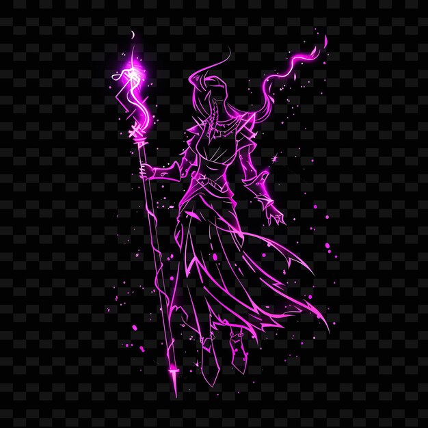 PSD gleaming sparks of a sorceress with a glowing staff with neo png creative neon line art designs