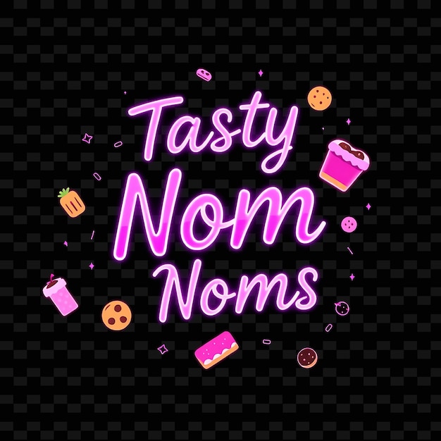 PSD gleaming tasty nom noms text in neon pink and soft purple with cute f neon yummy typography designo