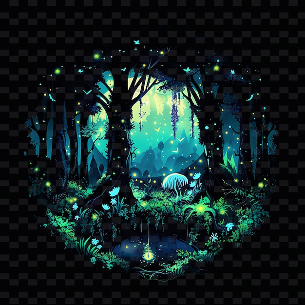 PSD glimmering light of a mystical forest with glowing creatures png creative neon line art designs