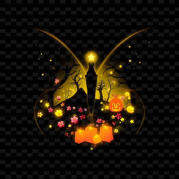 PSD glimmering neon magical forest inside a silhouette butterfly landscape has blooming flowers with sm