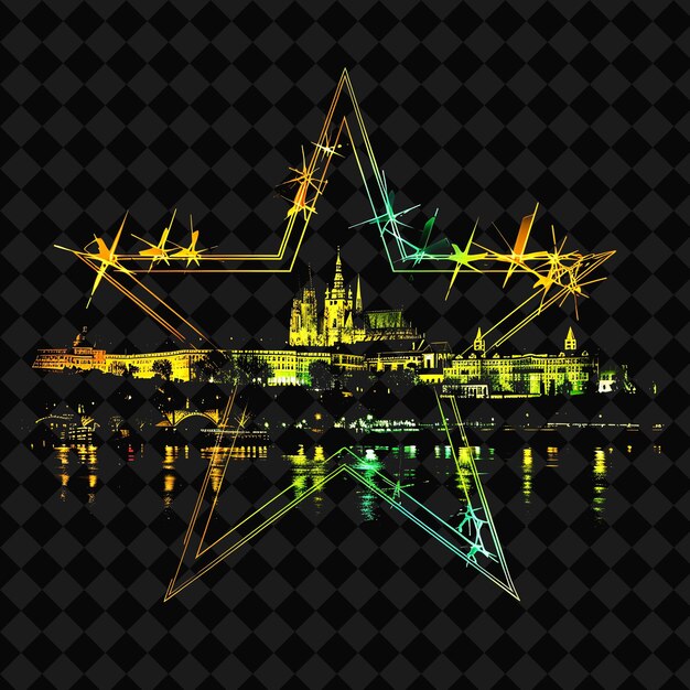 PSD glistening neon prague landscape inside a silhouette star la png y2k monoline cityscape collage art