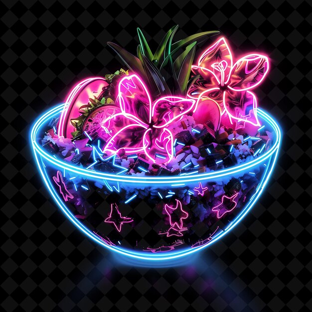 PSD glittering neon diamonds hawaii poke bowl in a lei inspired png neon food decor y2k collection