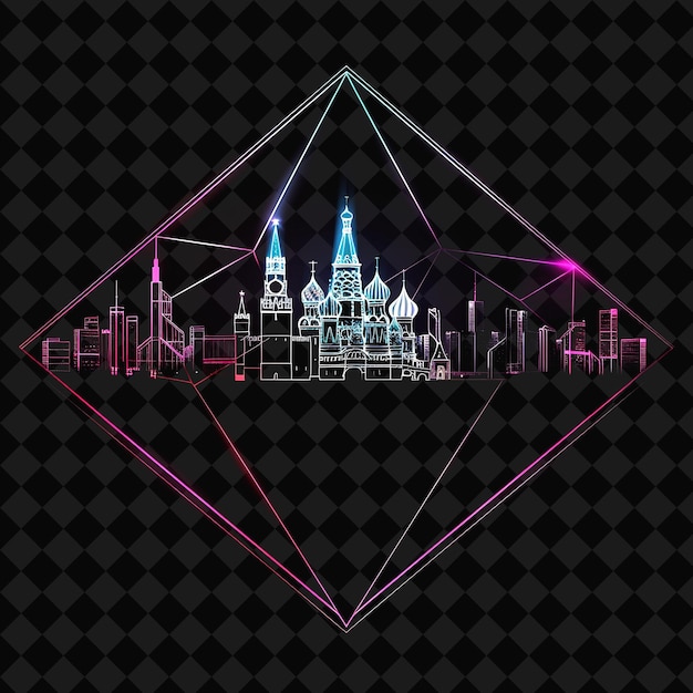 PSD glittering neon moscow skyline within a silhouette diamond l png y2k monoline cityscape collage art