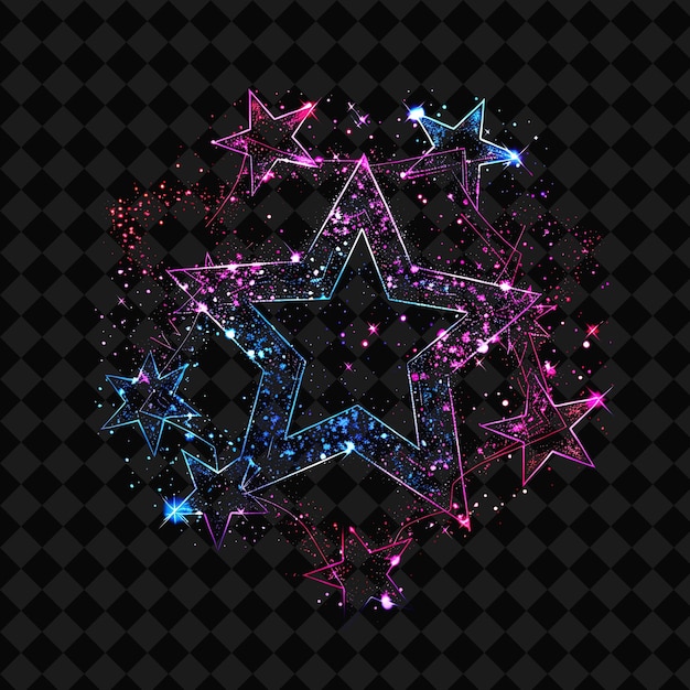 PSD glittering neon star clusters inside a silhouette heptadecag png y2k neon space designs