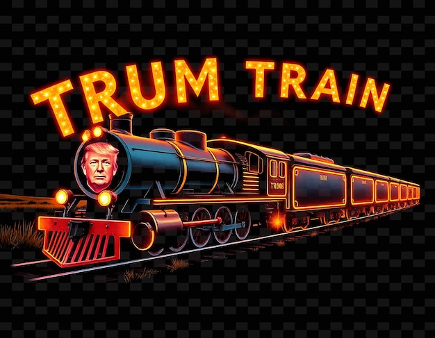 Glittering Trump Train Text Twinkles in Neon Crimson and Brilliant Tangerine Chugging Steam Train W