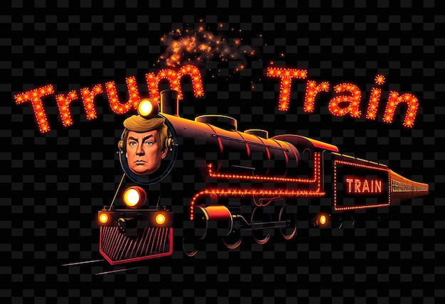 Glittering Trump Train Text Twinkles in Neon Crimson and Brilliant Tangerine Chugging Steam Train W