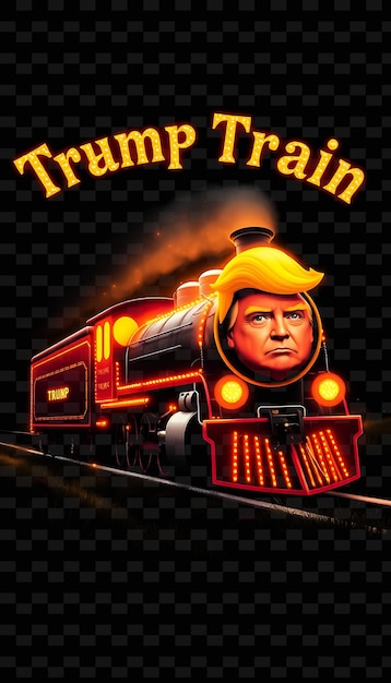 Glittering Trump Train Text Twinkles in Neon Crimson and Brilliant Tangerine Chugging Steam Train W