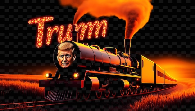 PSD glittering trump train text twinkles in neon crimson and brilliant tangerine chugging steam train w