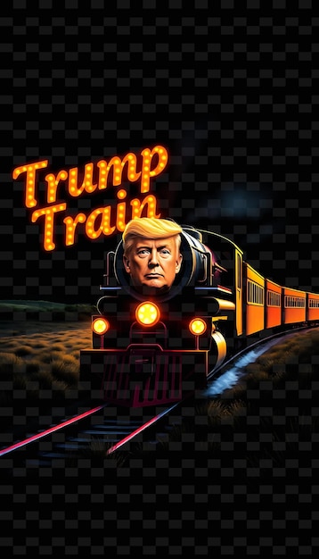 Glittering Trump Train Text Twinkles in Neon Crimson and Brilliant Tangerine Chugging Steam Train W