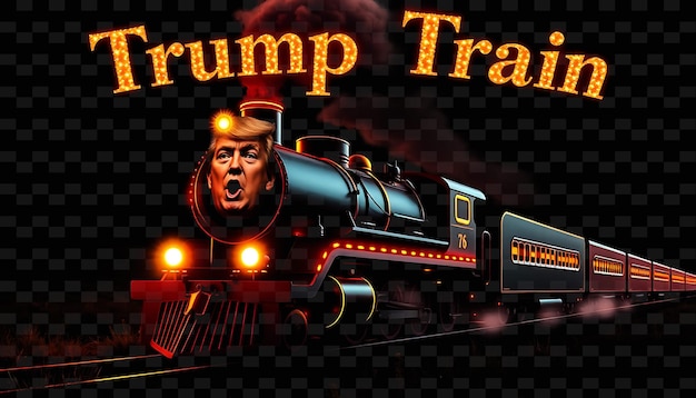 Glittering Trump Train Text Twinkles in Neon Crimson and Brilliant Tangerine Chugging Steam Train W