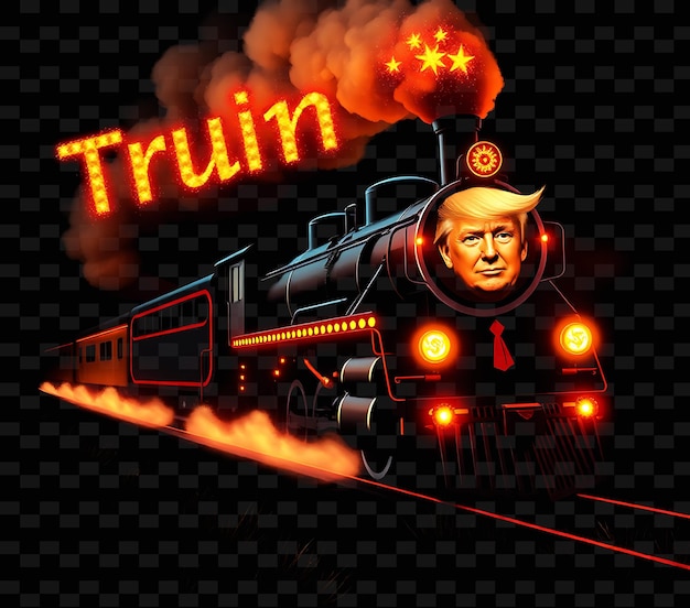 Glittering Trump Train Text Twinkles in Neon Crimson and Brilliant Tangerine Chugging Steam Train W