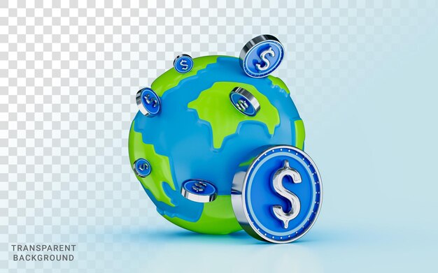 PSD global earth dollar sign world money increases cash coin currency 3d render icon natural effect