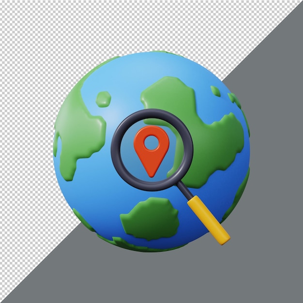 Global search concept Globe zoom Earth with magnifying glass search icon Searching place 3d render