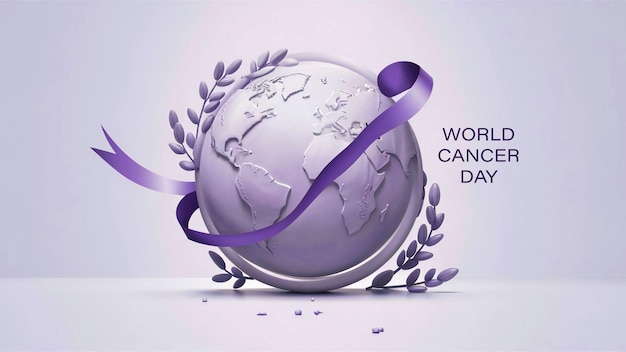 A globe with a purple ribbon around it and the word for world cancer awareness