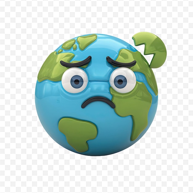 a globe with a sad face and a green planet on its face