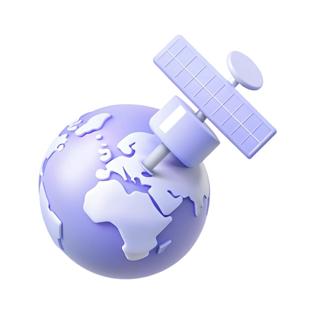 PSD a globe with a satellite on it and a blue plastic object with a white arrow pointing to the left