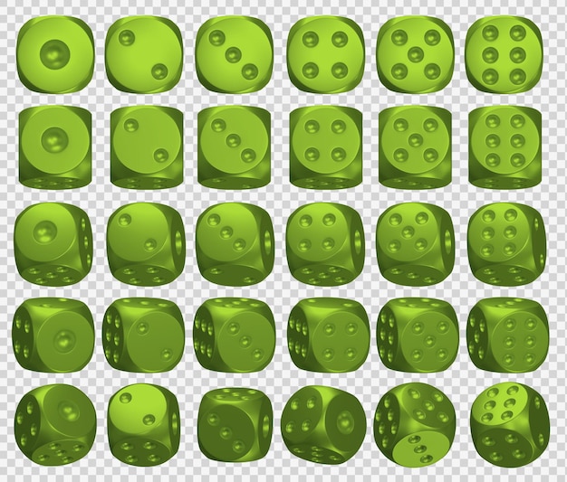 Glossy green metal dices 3d render transparent