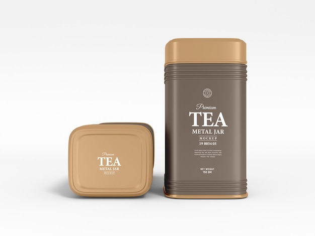 PSD glossy metal tea jar container packaging mockup