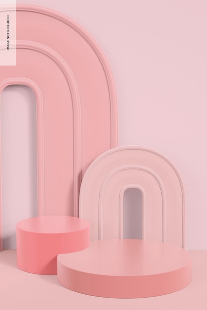 PSD glossy pink podiums with arched backdrops mockup