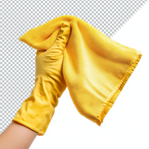 PSD a gloved hand holds a yellow microfiber cloth for polishing surfaces in a clean workspace hand in gloves holding yellow polishing microfiber wiper clothes isolated on transparent